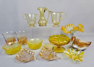 A Collection of Vintage and Antique Yellow, Amber, and Peach Glass Tableware and Decorative Items