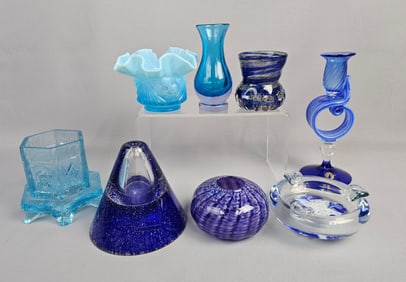 A Collection of Eight Decorative Blue Glass Items