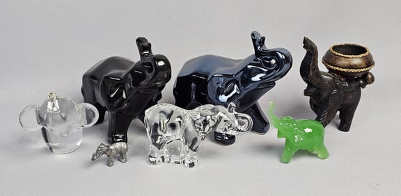 A Collection of Seven Elephant Figurines Including Baccarat Style Crystal, Villeroy & Boch, and