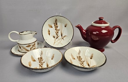 A Collection of 6: Hall McCormick Baltimore Teapot and Midwinter Stonehenge Wild Oats Stoneware