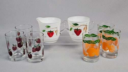 A Collection of 8 Pieces of Vintage Fruit-Themed Glass Kitchenware Anchor Hocking and IDI