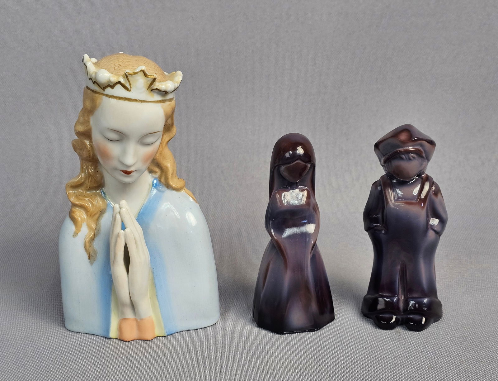 A Trio of Decorative Figurines Including a Marked Porcelain Praying Madonna Bust and a Pair of Slag (1 of 12)