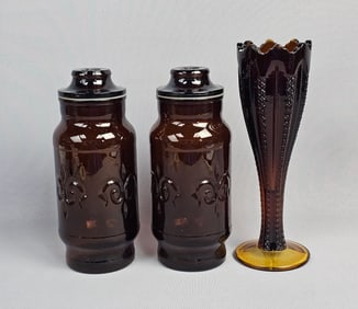 A Trio of Indiana Tiara Glass in Dark Amber and Amethyst