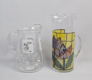A Pair of Vintage Glass Pitchers Inc West Virginia Glass Stained Glass Tulips