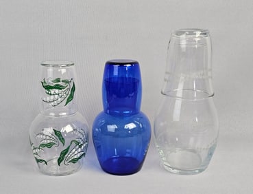 A Collection of Six Mid-Century Glass Tumble Up Bedside Water Sets (Three Pairs)