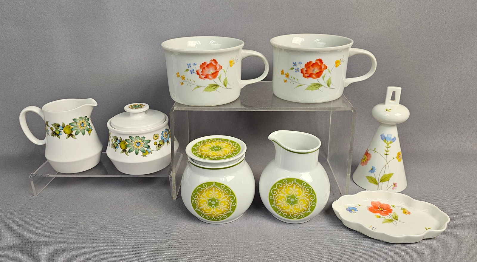 A Collection of Eight Pieces of Japanese Tableware by Noritake, Mikasa, and Hearthside: A collection of eight pieces of mixed ceramic tableware, primarily bone china and porcelain, manufactured in Japan across three distinct patterns. The collection includes items from Noritake, Mikasa,