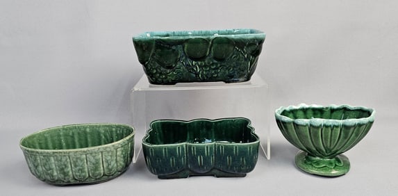 A Collection of Four Mid-Century Green Drip Glaze Planters including Hull Pottery