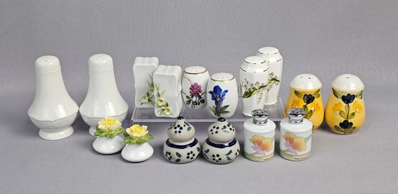 A Collection of 16 Assorted Ceramic and Bone China Salt and Pepper Shakers (Eight Pairs)