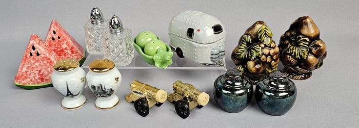 A Collection of Novelty Salt and Pepper Shakers including Airstream Camper, Limoges and NARCO
