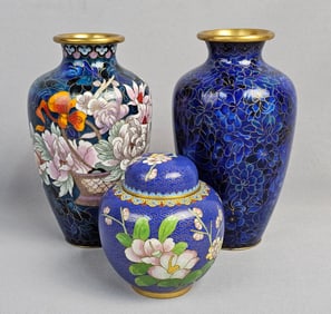 A Trio of Chinese Cloisonn?© Vases and Lidded Ginger Jar