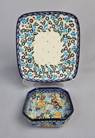 A Pair of Polish Boles?‚awiec UNIKAT Hand-Painted Ceramic Pottery Pieces