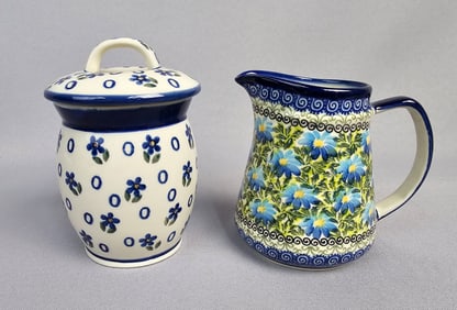 A Pair of Polish Boleslawiec Stoneware Pottery Pieces