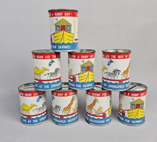A Collection of Eight Vintage Springfield Institution for Savings Noah's Ark Tin Banks