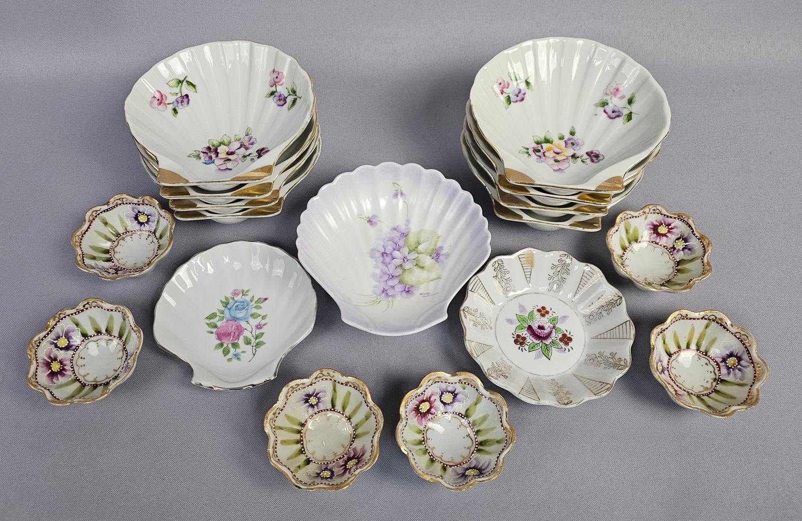 A Collection of 17 Assorted Mid-20th Century Japanese Hand-Painted Porcelain Shell and Floral Dishes (1 of 16)