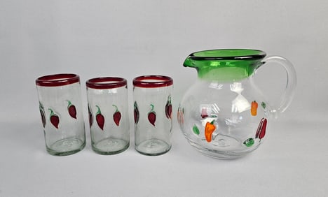 A Collection of 4 Hand-Blown Glassware Pieces with Chili Pepper Appliqu?©s