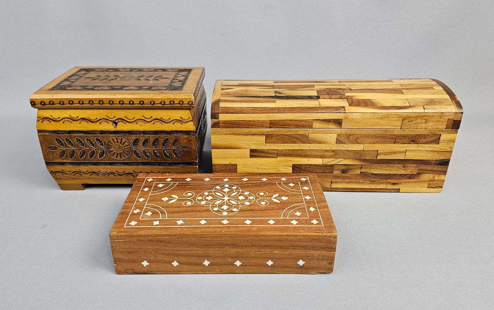 A Collection of Three Vintage Decorative Wooden Boxes, Including Inlaid and Folk Art Examples (1 of 13)