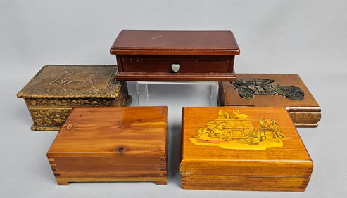 A Collection of Five Decorative Wooden Boxes and Jewelry Chests