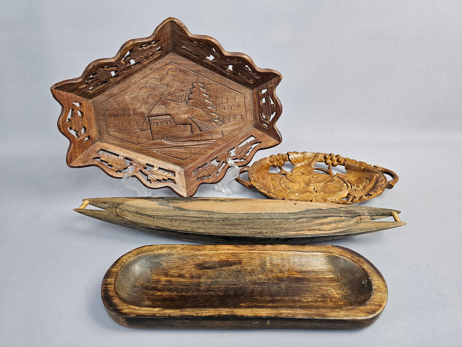 A Collection of 4 Mid-Century Hand-Carved Wooden Wares including Trays (1 of 13)