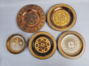 A Collection of Five Polish Folk Art Carved Wooden Plates Zakopane Style