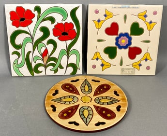 A Trio of Pennsbury Pottery Hex Trivet and Two Besheer Art Tiles