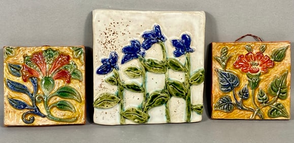 Three Contemporary Arts and Crafts Style High-Relief Ceramic Wall Tiles