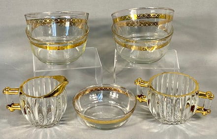A Collection of Seven Libbey Glass Gold Band Tableware Items
