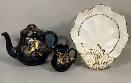 Two Pieces of Wade Black Velvet Pottery and Andrea by Sadek Gilt Porcelain Dish