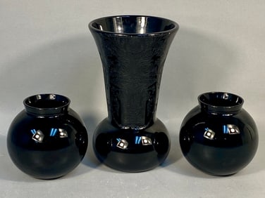 A Trio of Paden City Gothic Garden Ebony Black Glass Vases