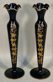 A Pair of Cambridge Ebony Black Glass Bud Vases with Gold Enamel Decoration