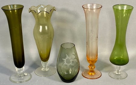 A Collection of Five Vintage Etched Glass Bud Vases, Mid-20th Century
