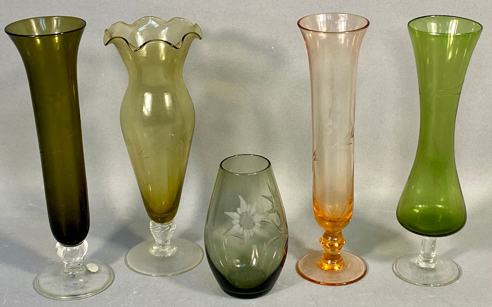 A Collection of Five Vintage Etched Glass Bud Vases, Mid-20th Century (1 of 7)