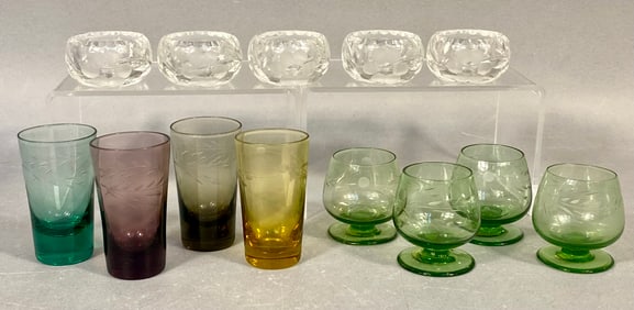 A Collection of 13 Assorted Vintage and Depression Era Etched Glassware Pieces