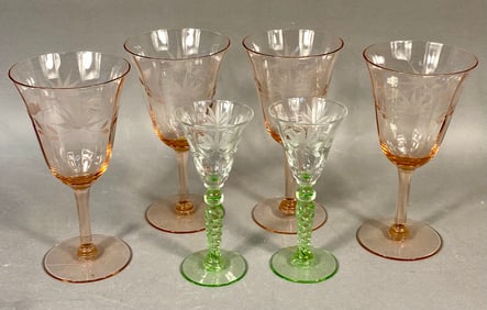 A Collection of 6 Vintage Elegant Glass Stemware including Pink Wine and Green Cordial Glasses
