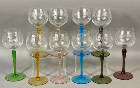 A Set of 10 Multi-Colored Etched Glass Goblets with Twisted Stems