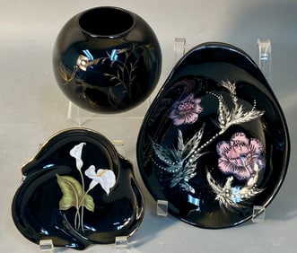 A Trio of Mid-Century Modern Black Glazed Ceramic and Glass Decorative Wares, including Sascha