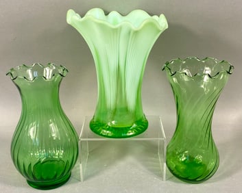 A Trio of Northwood/Jefferson Green Opalescent and Emerald Glass Vases