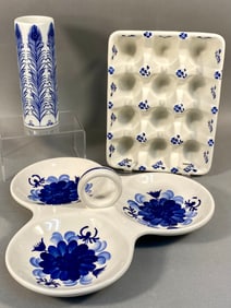 A Trio of Blue and White Ceramic Wares including a Marked Kent Pottery Serving Dish