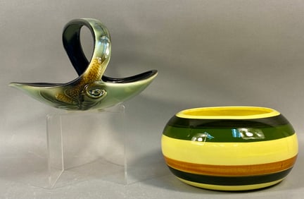 A Pair of Mid-Century Art Pottery Items including a Hull Parchment & Pine Basket and a Striped
