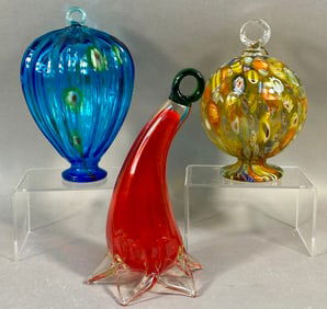 A Trio of Modern Studio Art Glass Hanging Ornaments or Vessels, Murano Style