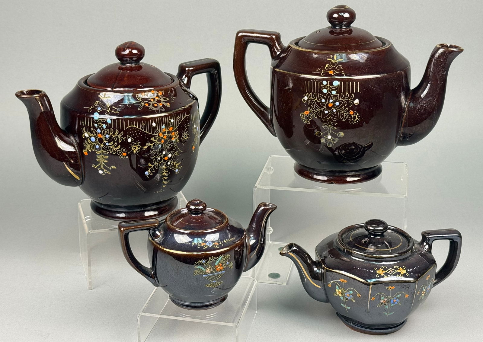 A Collection of 4 Japanese Export Moriage Enamel Brown Betty Teapots (1 of 10)