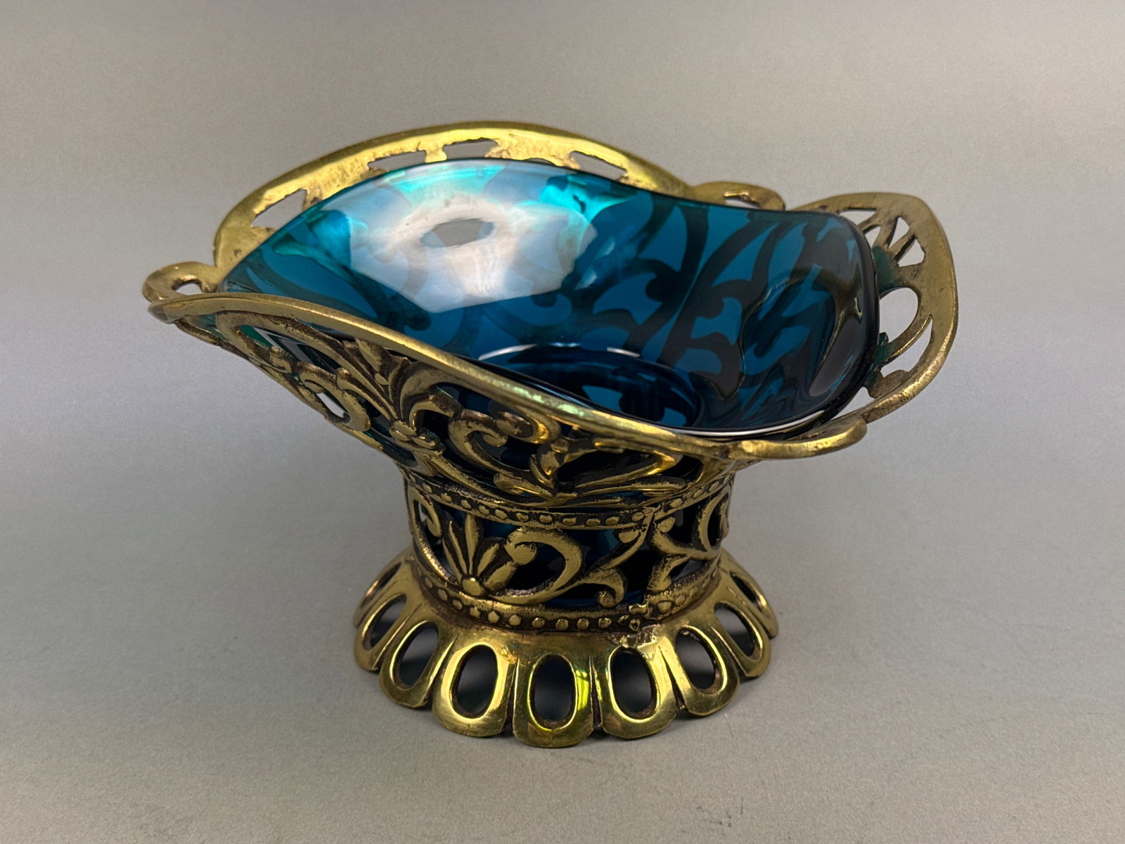 Late Victorian or Edwardian Style Brass and Teal Art Glass Compote (1 of 6)