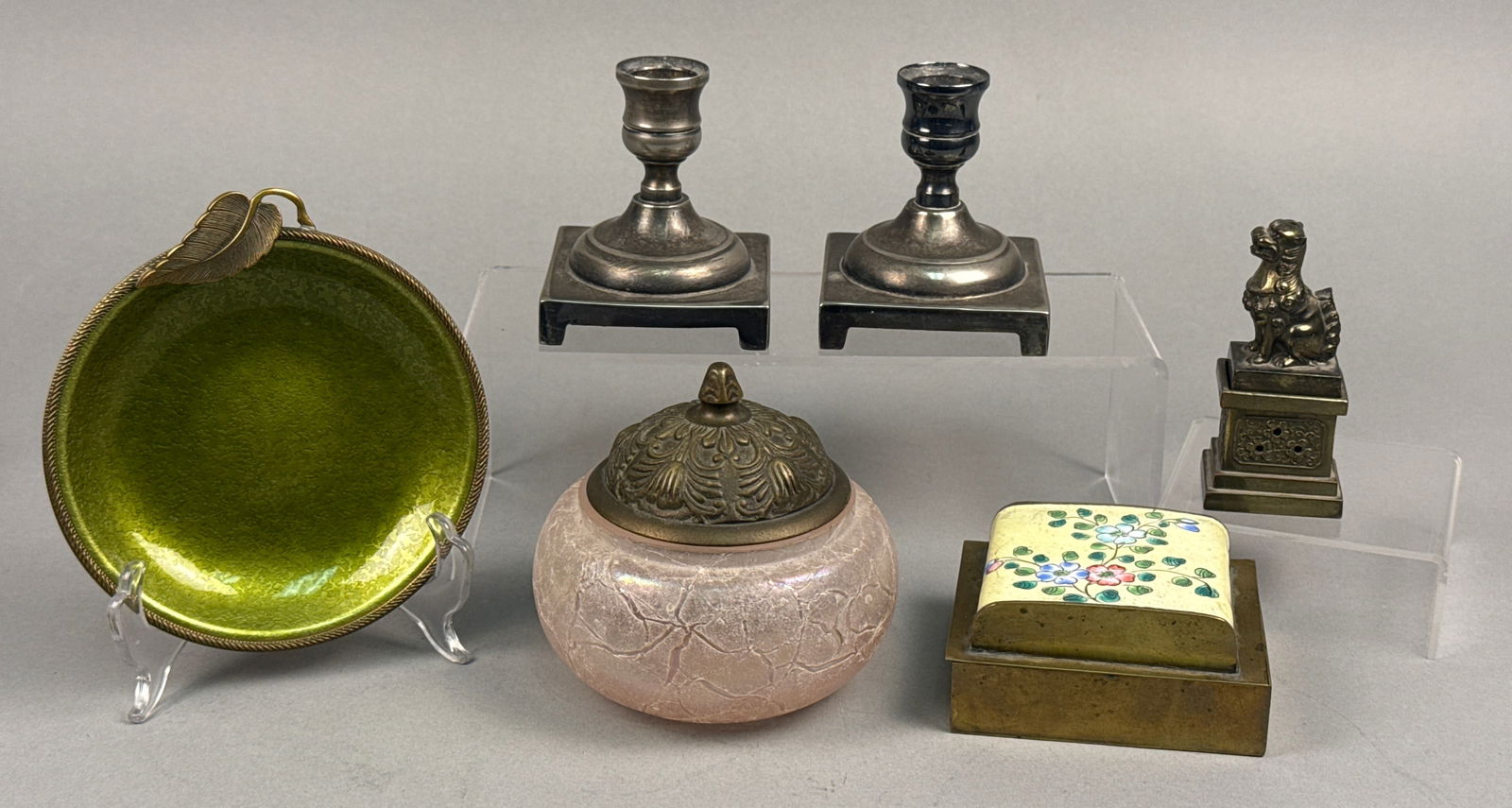 A Collection of Six Decorative Objects including an Evans Hand-Enameled Green Dish and a Pair of (1 of 10)