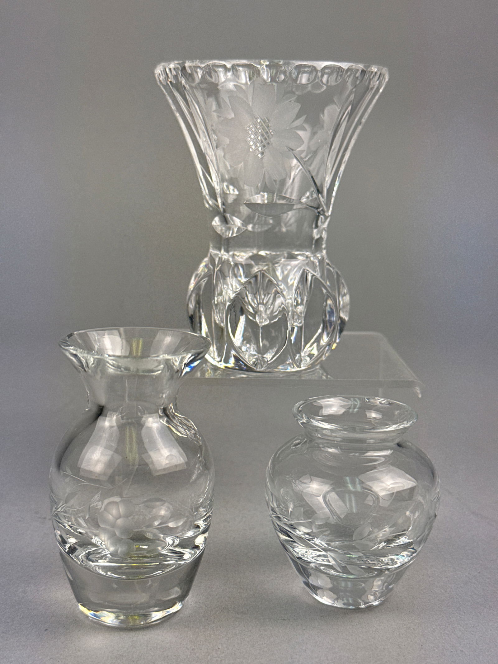 A Trio of Cut and Etched Crystal Vases, Including a Trumpet Vase and Two Bud Vases (1 of 5)