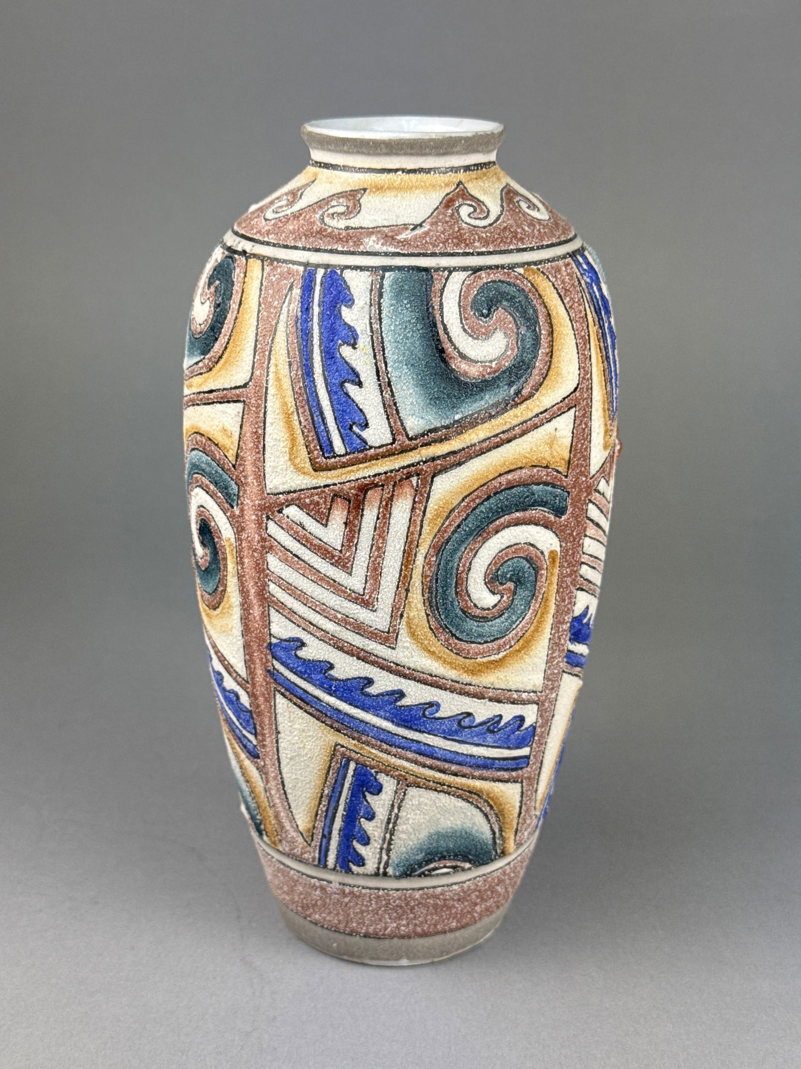 Art Deco Style Textured Ceramic Vase with Geometric Decoration (1 of 5)