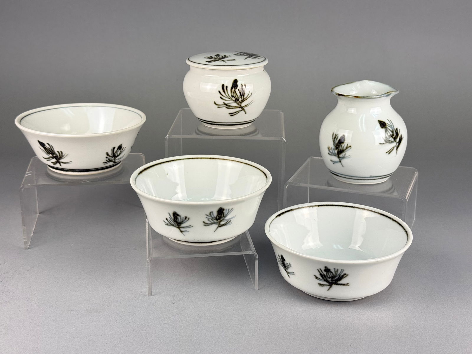 A Collection of Asian Porcelain Vessels Decorated with Sepia Flora (1 of 4)