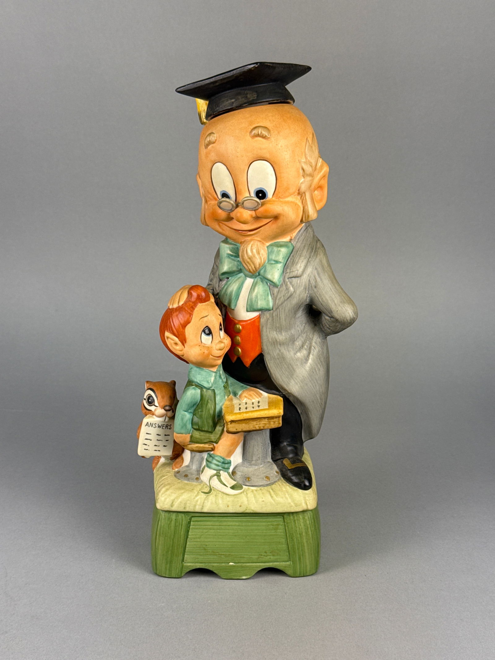 Hoffman Distilling Co. Mr. Lucky Series Mr. School Teacher Musical Decanter: A single figural ceramic novelty decanter produced by the Hoffman Distilling Co. as part of the "Mr. Lucky Series." This specific piece, titled "Mr. School Teacher, " depicts an ol