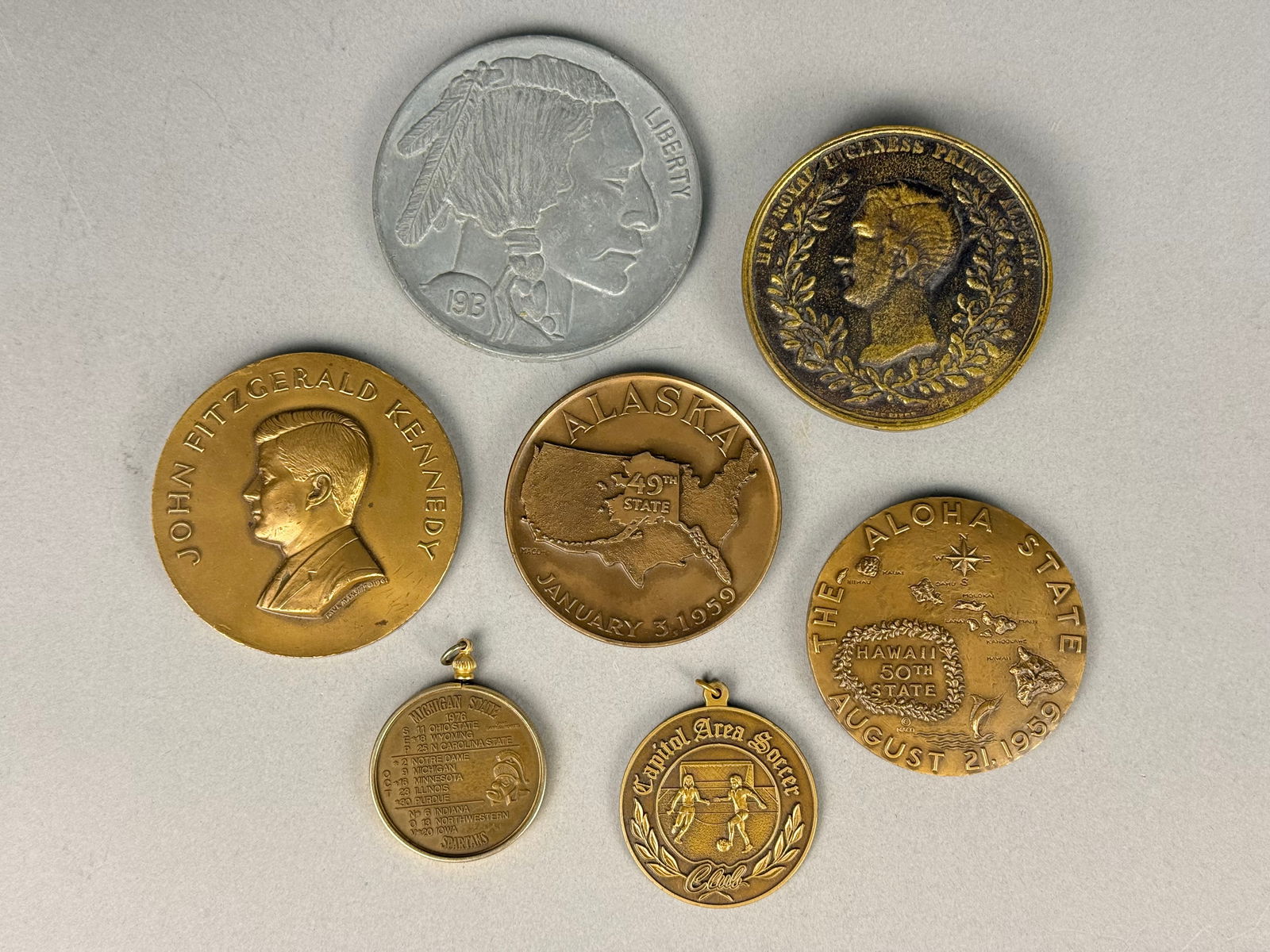 A Collection of 7 Commemorative Medals and Novelty Tokens, including 1851 Great Exhibition Bottle (1 of 3)