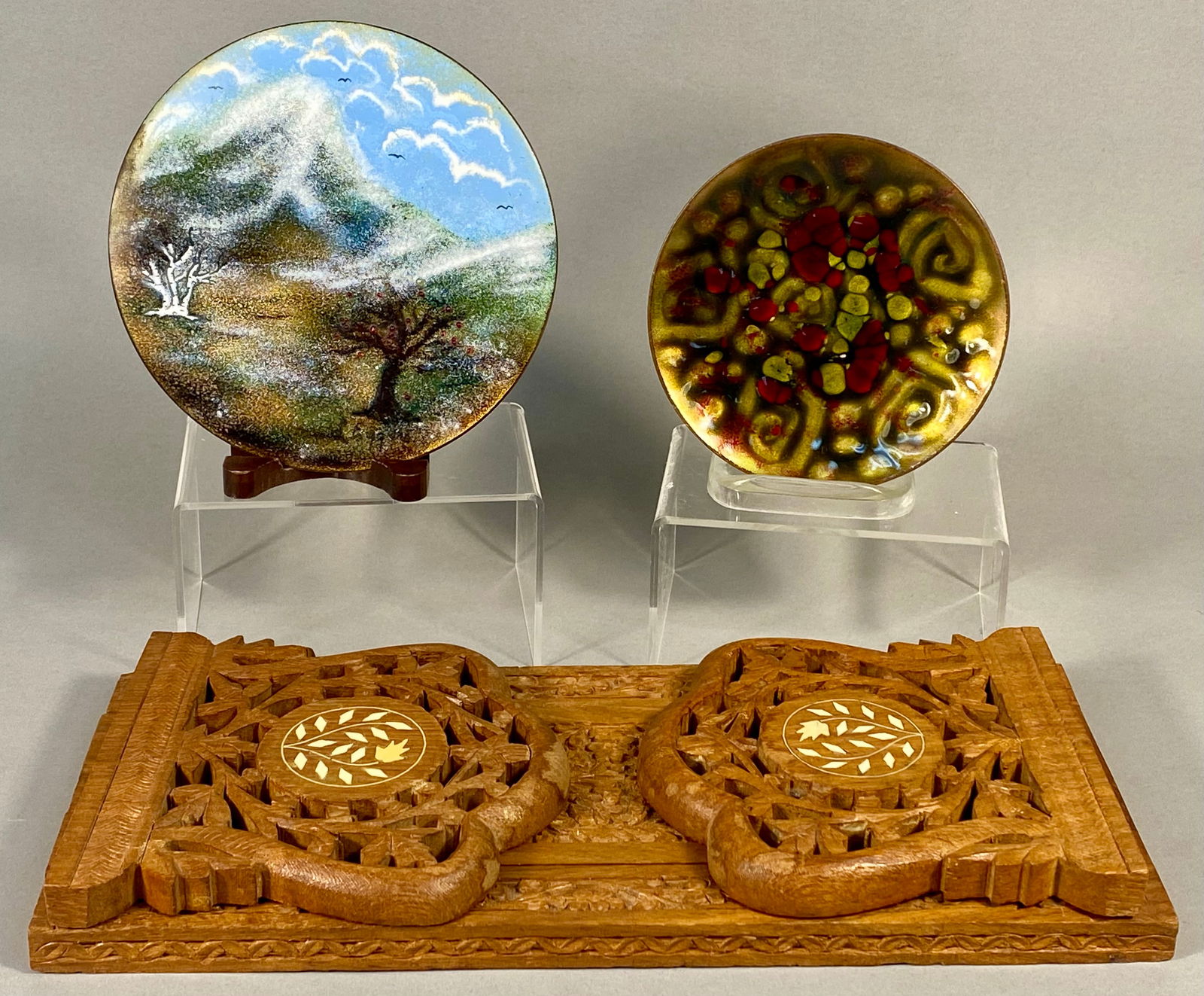 A Collection of Decorative Items, Including Two Enamel on Copper Plaques and an Indian Carved (1 of 13)