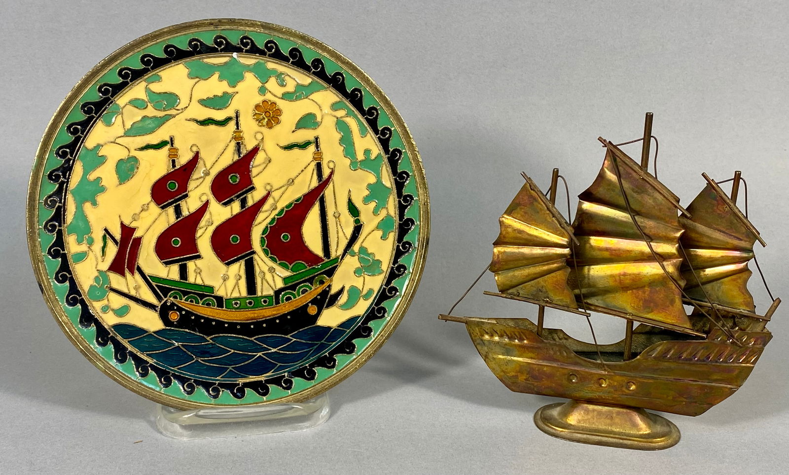 A Pair of Vintage Brass and Enamel Ship Decorative Items (1 of 8)