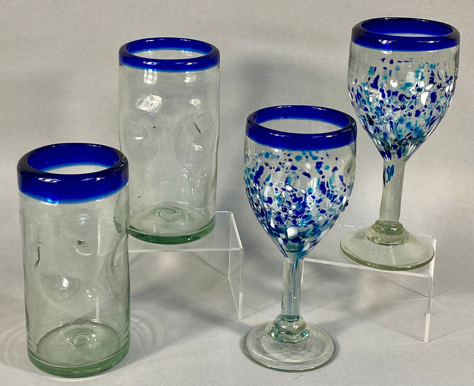 A Collection of 4 Mexican Hand Blown Glass Drinking Vessels with Cobalt Blue Rims (1 of 7)